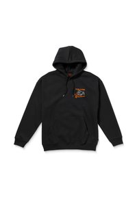 Czarna bluza z kapturem z pomarańczowym logo "VOLCOM Workwear" na klatce piersiowej, wyposażona w kieszeń kangurzą oraz żebrowane mankiety przy rękawach i u dołu.