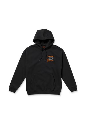 Sudadera con capucha negra con el logo naranjo "VOLCOM Workwear" en el pecho, que cuenta con un bolsillo tipo canguro y puños acanalados en las mangas y el dobladillo.