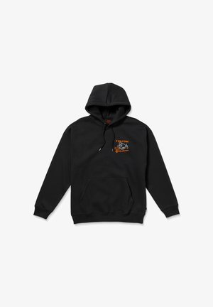 Black hooded sweatshirt with orange "VOLCOM Workwear" logo on the chest, featuring a kangaroo pocket and ribbed cuffs at the sleeves and hem.