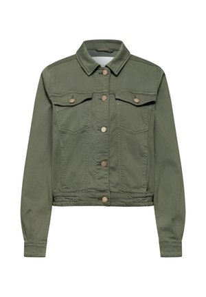 Veste en jean courte verte avec boutons sur le devant, deux poches à rabat sur la poitrine, manches longues et col.