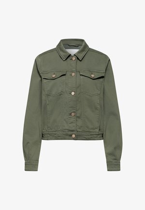 Veste en jean courte verte avec boutons sur le devant, deux poches à rabat sur la poitrine, manches longues et col.