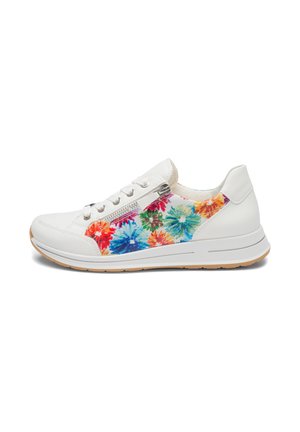 White sneaker with multicolored floral side panels, laces, side zipper, and tan rubber sole, viewed from the outer side.