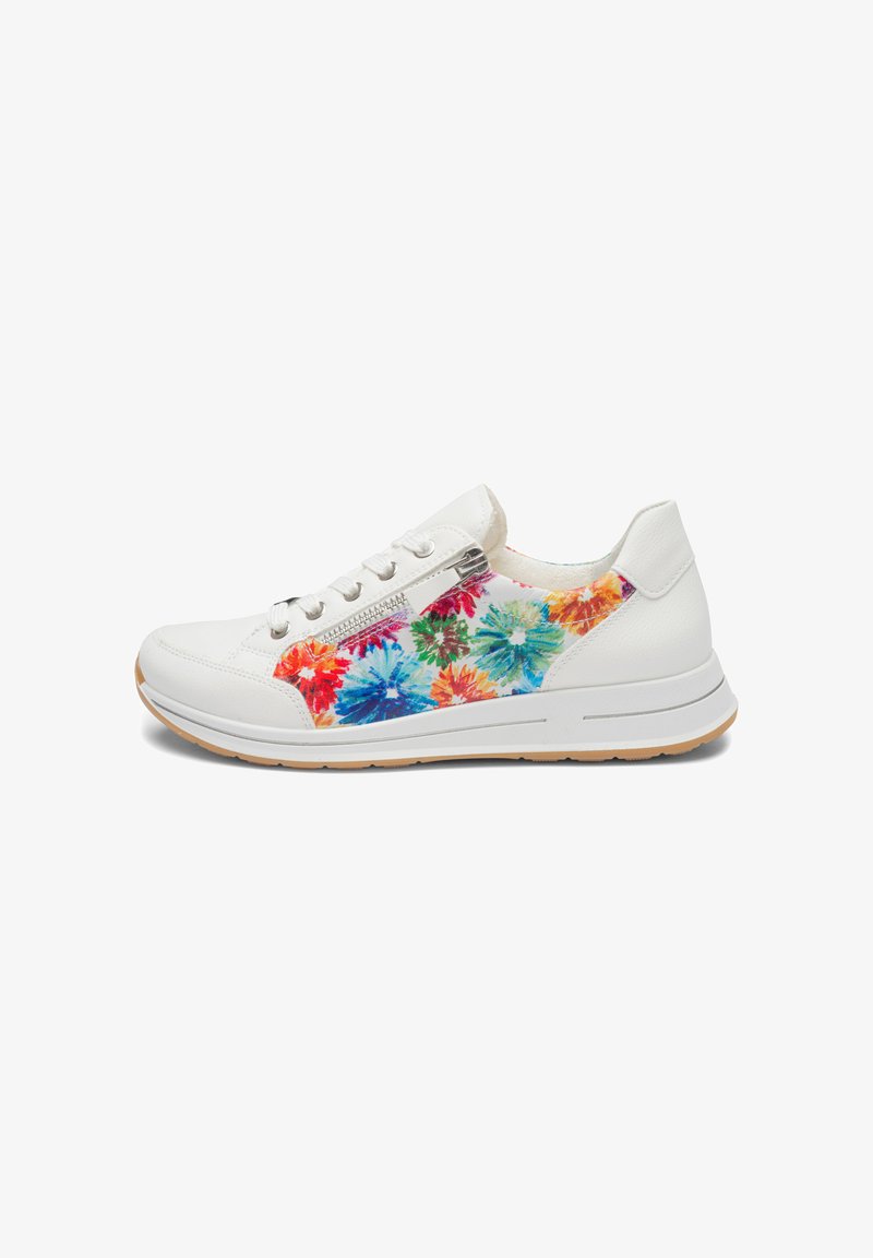 White sneaker with multicolored floral side panels, laces, side zipper, and tan rubber sole, viewed from the outer side.