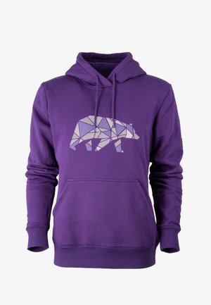 Sudadera con capucha morada con un diseño geométrico de oso en blanco. Cuenta con un bolsillo frontal, capucha con cordón y puños y dobladillo acanalados.