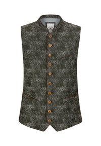 Ärmellose grüne Weste mit komplizierten silbernen Blumenmustern, braunem Besatz, Holzknöpfen und zwei Fronttaschen.