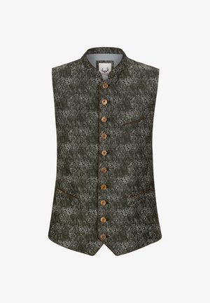 Ärmellose grüne Weste mit komplizierten silbernen Blumenmustern, braunem Besatz, Holzknöpfen und zwei Fronttaschen.