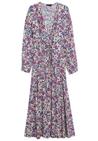 Robe longue à manches longues à motif floral, avec un col en V, présentant un mélange de motifs roses, violets et bleus sur un fond crème et une taille froncée.
