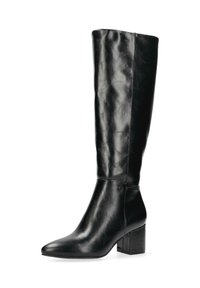 Botte noire en cuir, hauteur genou, avec un bout pointu et un talon carré. Texture lisse, accents minimaux et design épuré.