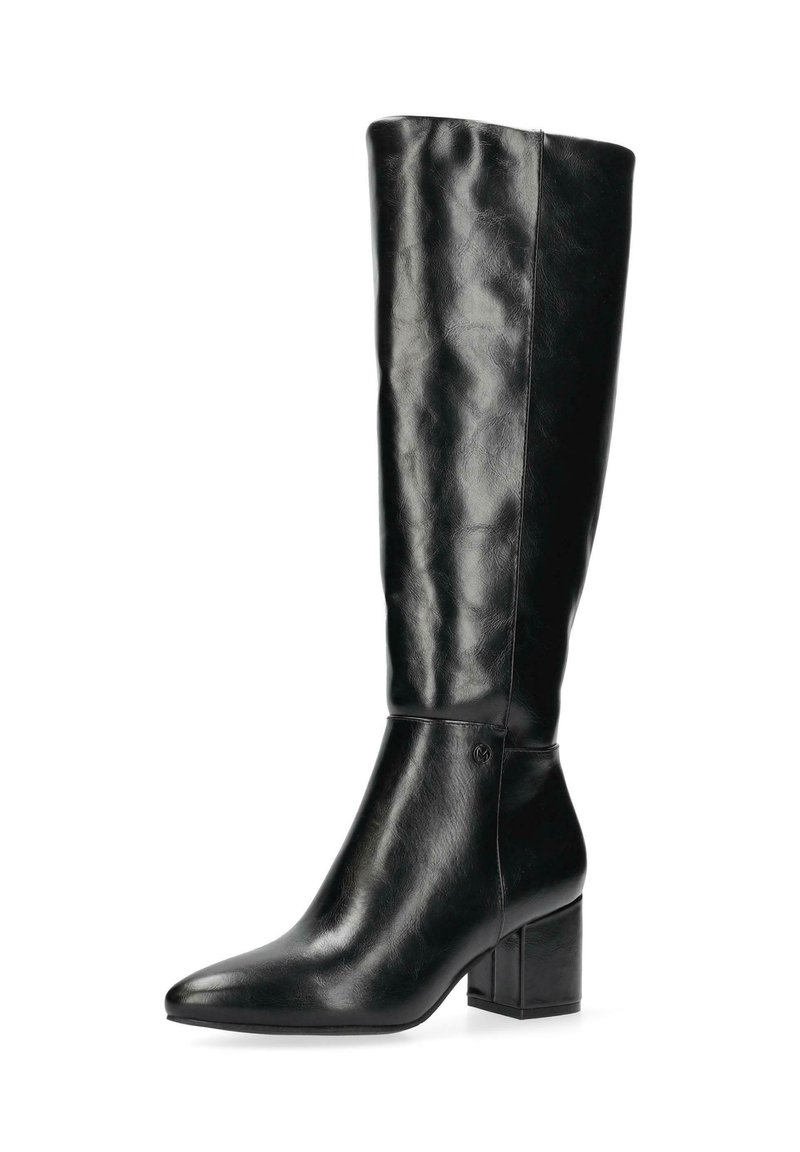 Botte noire en cuir, hauteur genou, avec un bout pointu et un talon carré. Texture lisse, accents minimaux et design épuré.