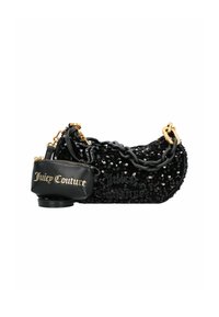 Borsa a sequins nera con forma curva, inserti in catena dorata e una pochette in pelle nera staccabile con la scritta "Juicy Couture" impressa in oro.