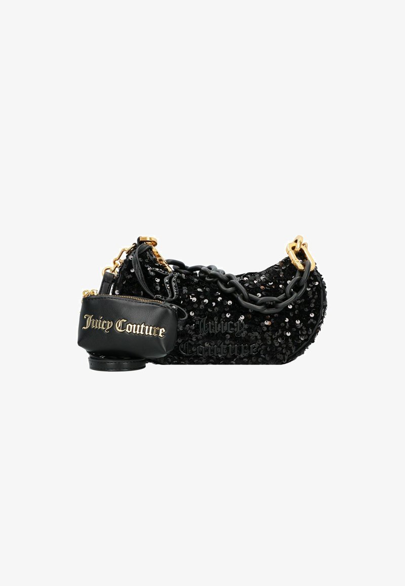 Schwarze Pailletten-Handtasche in geschwungener Form mit goldenen Kettenakzenten und einer abnehmbaren schwarzen Leder-Tasche, auf der "Juicy Couture" in Gold eingeprägt ist.