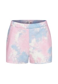 Shorts din bumbac moale cu talie elastică, având un model tie-dye roz și albastru și un mic eticheta a brandului în interiorul taliei.