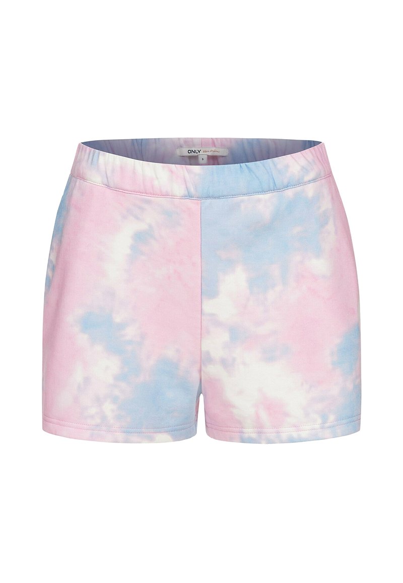 Shorts din bumbac moale cu talie elastică, având un model tie-dye roz și albastru și un mic eticheta a brandului în interiorul taliei.