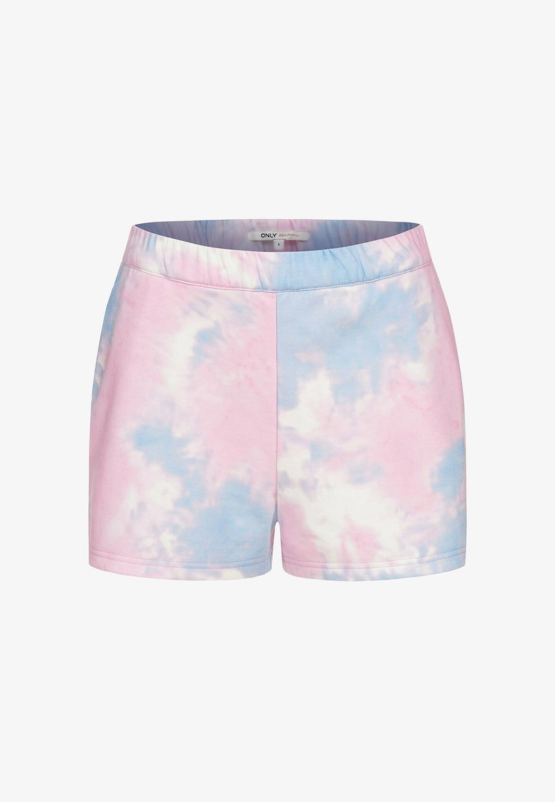 Soft cotton shorts with an elastic waistband, featuring a pink and blue tie-dye pattern and a small brand label inside the waistband.