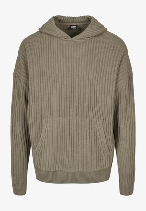 Prążkowany sweter z kapturem w kolorze taupe z przednią kieszenią kangurką i długimi rękawami, oznaczony Urban Classic, wyprodukowany w Bangladeszu.