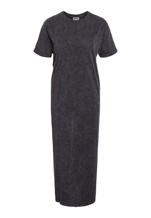 Pelēks, līdz ceļiem garš T-kreklu kleita, izgatavota no mīksta materiāla, ar īsām piedurknēm un brīvu piegriezumu, ar vieglu akmens mazgāšanas tekstūru.