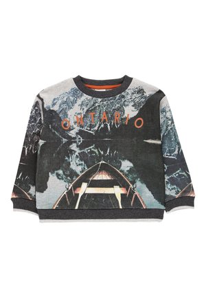 Grauer Sweatshirt mit einem Aufdruck von Bergen und Boot sowie dem Schriftzug "ONTARIO" in Orange. Bündchen und Ausschnitt mit Rippenstruktur, weiche Stofftextur.