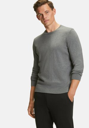 Grauer Rundhalsausschnitt-Pullover aus weichem Stoff mit langen Ärmeln und gerippten Bündchen und Saum, kombiniert mit schwarzen Hosen, auf einem neutralen Hintergrund präsentiert.
