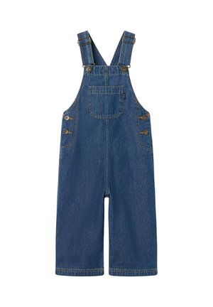 Denim overalls in dark blue with adjustable straps, front pocket, and side buttons. Classic design, wide leg fit, soft texture.
