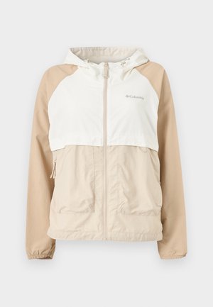 Ελαφρώς μπεζ και λευκό μπουφάν με κουκούλα και φερμουάρ, με μακριά μανίκια, μπροστινές τσέπες και το λογότυπο της Columbia στο στήθος.