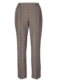 Grijze geruite broek met een elastische tailleband, rechte pijpen en een gladde textuur. Bevat subtiele geweven patronen in donkere en lichte tinten.