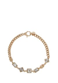 Bracciale in catena gold-tone con cristalli trasparenti sfaccettati alternati a inserti geometrici in metallo. Chiusura a moschettone.