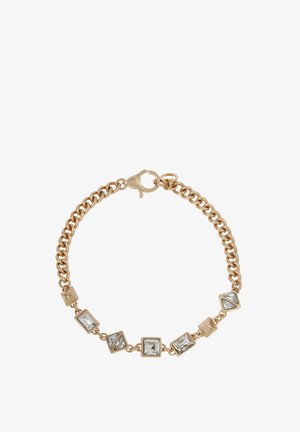 Bracciale in catena gold-tone con cristalli trasparenti sfaccettati alternati a inserti geometrici in metallo. Chiusura a moschettone.