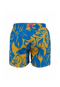 Costumi da bagno blu e gialli con fiori, dotati di una vita elastica, caratterizzati da grandi motivi a foglia e un'etichetta con la scritta "GALLO" sul retro.