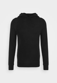 Felpa nera con cappuccio dal design minimalista, caratterizzata da maniche lunghe, tasca a marsupio e cappuccio regolabile con cordino. Tessuto dalla texture liscia.