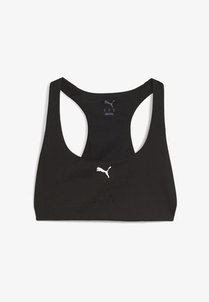 Sutien sport negru cu decolteu adânc și design tip racerback. Fabricat dintr-un material neted, cu un logo alb și mici orificii de ventilație.