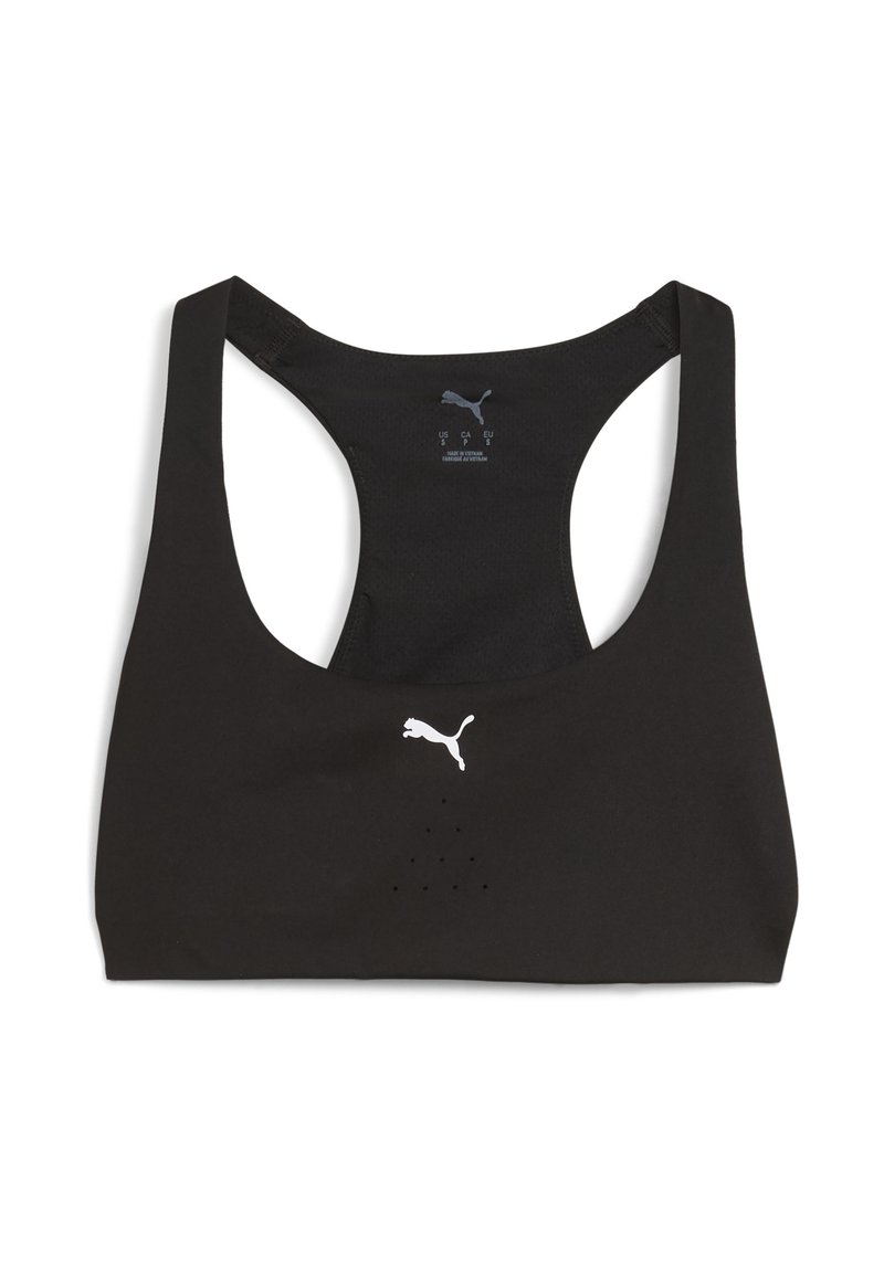 Soutien-gorge de sport noir avec un décolleté en forme de scoop et un dos nageur. Confectionné en tissu doux, avec un logo blanc et de petits trous de ventilation.