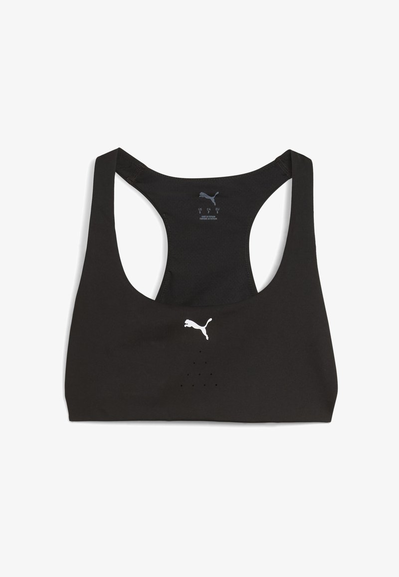 Sostén deportivo negro con escote redondeado y diseño de espalda nadadora. Fabricado con tejido suave, presenta un logo blanco y pequeños orificios de ventilación.
