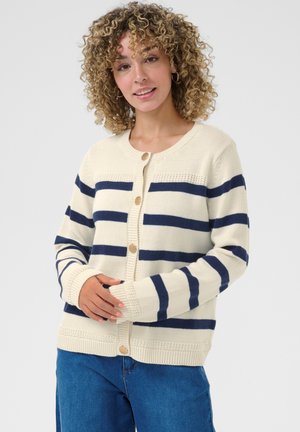 Beige and navy striped cardigan made of knit fabric, featuring a round neck, button front, and ribbed cuffs and hem.