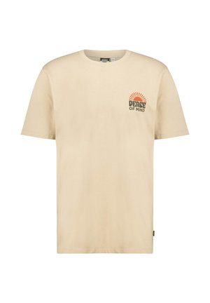 T-shirt en coton beige à manches courtes, col rond, avec un design imprimé sur la poitrine gauche représentant un soleil et le texte "Paix de l'esprit."