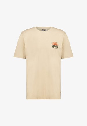 T-shirt en coton beige à manches courtes, col rond, avec un design imprimé sur la poitrine gauche représentant un soleil et le texte "Paix de l'esprit."