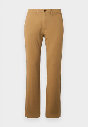 Khaaki chino nadrág egyenes szabással, pamutból készült, gombos záródással, övhurkokkal és két oldalsó zsebével a praktikum érdekében.