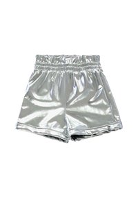 Zilveren metalen shorts met een elastische tailleband, een gladde glanzende textuur en opgerolde zoomdetails. Gemaakt van een lichtgewicht, reflecterend materiaal.