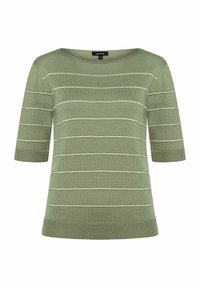 Grüner gestreifter kurzärmeliger Pullover aus weichem Material, mit weißen horizontalen Streifen und einem weit ausgeschnittenen Kragen. Strukturierte Oberfläche des Stoffs.