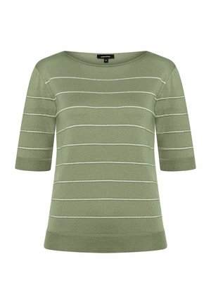 Grüner gestreifter kurzärmeliger Pullover aus weichem Material, mit weißen horizontalen Streifen und einem weit ausgeschnittenen Kragen. Strukturierte Oberfläche des Stoffs.