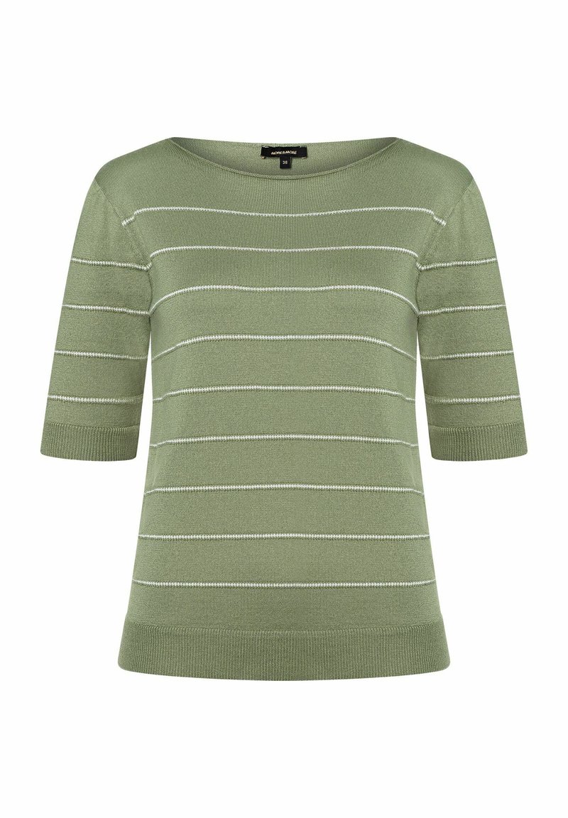 Grüner gestreifter kurzärmeliger Pullover aus weichem Material, mit weißen horizontalen Streifen und einem weit ausgeschnittenen Kragen. Strukturierte Oberfläche des Stoffs.