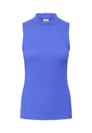 Mouwloos topje in levendig blauw, met een hoge kraag en textiele stof. Eenvoudig, aansluitend ontwerp zonder versieringen.