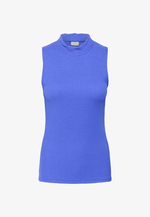 Mouwloos topje in levendig blauw, met een hoge kraag en textiele stof. Eenvoudig, aansluitend ontwerp zonder versieringen.