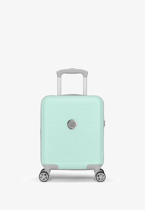 Licht mintgroene harde koffer met hexagonaal patroon, zilveren hardware, uitschuifbare handgreep en vier 360-graden spinnerwielen.