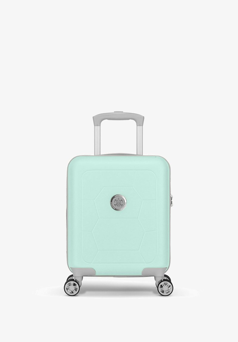 Licht mintgroene harde koffer met hexagonaal patroon, zilveren hardware, uitschuifbare handgreep en vier 360-graden spinnerwielen.