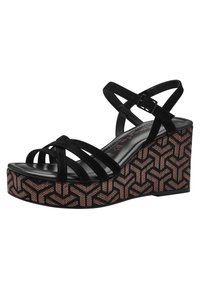 Sandali con zeppa nera in suede con numerose cinghie sottili e una piattaforma decorata rosa e nera con dettagli geometrici.