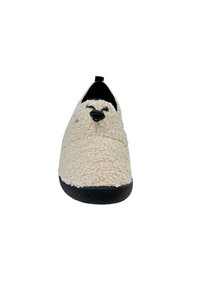 Beige stoffen slipper met een textuur, zwarte rubberen zool en een sluiting met een trekkoord. Heeft een afgeronde te ontwerp.