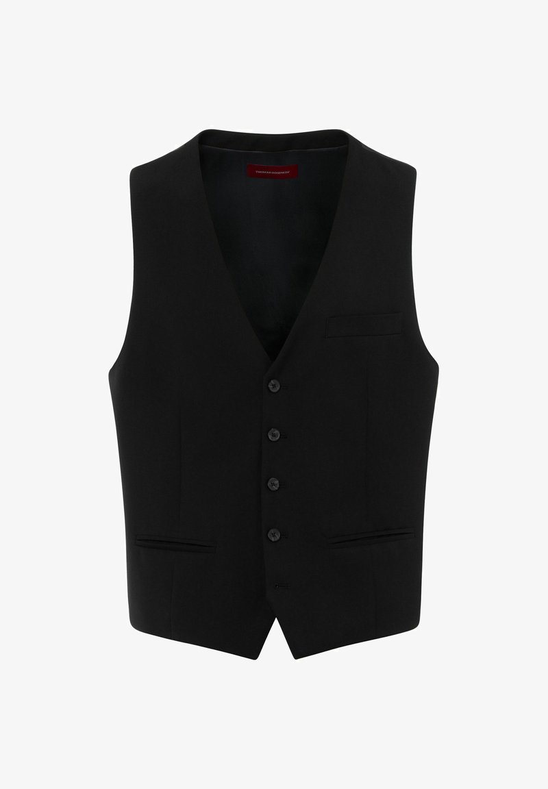Schwarze Weste mit V-Ausschnitt, sechs Knöpfen vorne, zwei vorderen Taschen und ohne Ärmel. Aus glattem Stoff mit taillierter Passform hergestellt.