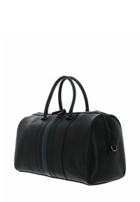 Borsone in pelle nera con doppio manico superiore, caratterizzato da una striscia centrale color teal e una finitura testurizzata sottile. Chiusura con cerniera per la sicurezza.