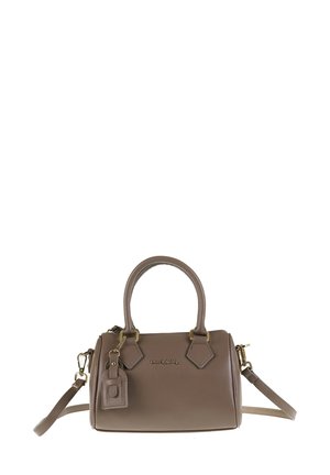 Piccolo borsa a tracolla in pelle marrone con doppi manici, tracolla rimovibile, accessori in tonalità oro e dettaglio logo. Finitura testurizzata, forma arrotondata.