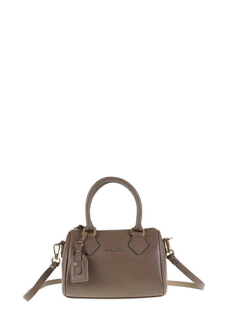 Piccolo borsa a tracolla in pelle marrone con doppi manici, tracolla rimovibile, accessori in tonalità oro e dettaglio logo. Finitura testurizzata, forma arrotondata.